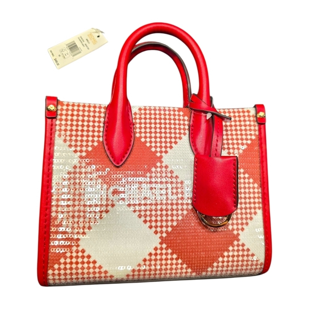 Michael Kors NWT Red Wht Sequin Argyle Pattern Mini Satchel